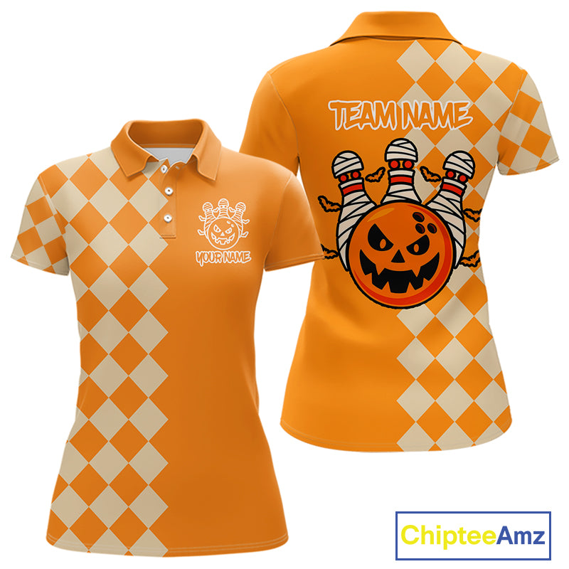 Orange Argyle Pattern Custom Halloween Ladies Bowling Shirts, Personalized Bowling Team Shirt NQS10466