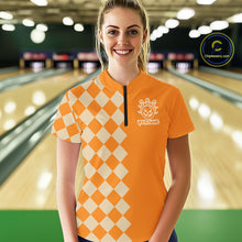 Load image into Gallery viewer, Orange Argyle Pattern Custom Halloween Ladies Bowling Shirts, Personalized Bowling Team Shirt NQS10466