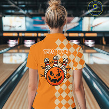 Load image into Gallery viewer, Orange Argyle Pattern Custom Halloween Ladies Bowling Shirts, Personalized Bowling Team Shirt NQS10466