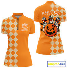 Load image into Gallery viewer, Orange Argyle Pattern Custom Halloween Ladies Bowling Shirts, Personalized Bowling Team Shirt NQS10466