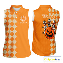 Load image into Gallery viewer, Orange Argyle Pattern Custom Halloween Bowling Sleeveless Polo Shirt, Personalized Bowling Team Shirt NQS10466