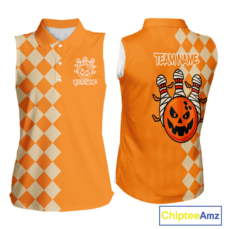 Orange Argyle Pattern Custom Halloween Bowling Sleeveless Polo Shirt, Personalized Bowling Team Shirt NQS10466