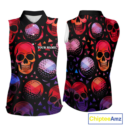 Red Gradient Skull Golf Ball pattern Sleeveless polo golf shirts Custom Halloween golf top for ladies NQS10511