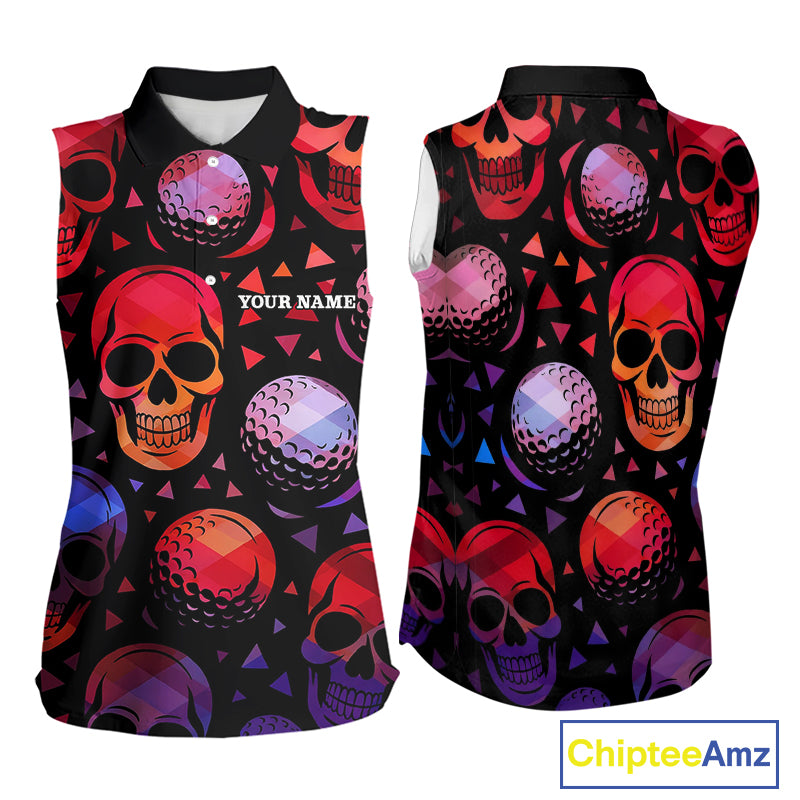 Red Gradient Skull Golf Ball pattern Sleeveless polo golf shirts Custom Halloween golf top for ladies NQS10511