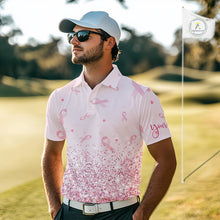 Load image into Gallery viewer, Pink glitter ribbons pattern Mens golf polo shirt Custom Breast Cancer Awareness golf outfit for men NQS10514