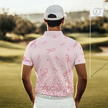 Load image into Gallery viewer, Pink glitter ribbons pattern Mens golf polo shirt Custom Breast Cancer Awareness golf outfit for men NQS10514