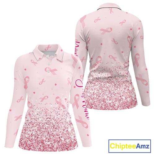Pink glitter ribbons pattern Women golf polo shirt Custom Breast Cancer Awareness ladies golf outfit NQS10514