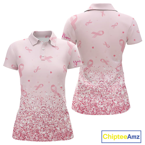 Pink glitter ribbons pattern Women golf polo shirt Custom Breast Cancer Awareness ladies golf outfit NQS10514