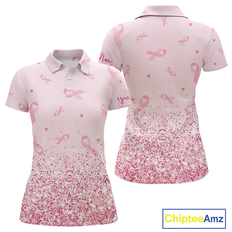 Pink glitter ribbons pattern Women golf polo shirt Custom Breast Cancer Awareness ladies golf outfit NQS10514