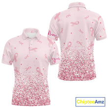 Load image into Gallery viewer, Pink glitter ribbons pattern Mens golf polo shirt Custom Breast Cancer Awareness golf outfit for men NQS10514