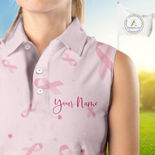 Load image into Gallery viewer, Pink glitter ribbons pattern Sleeveless polo shirt Custom Breast Cancer Awareness ladies golf outfit NQS10514