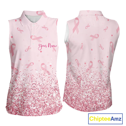 Pink glitter ribbons pattern Sleeveless polo shirt Custom Breast Cancer Awareness ladies golf outfit NQS10514