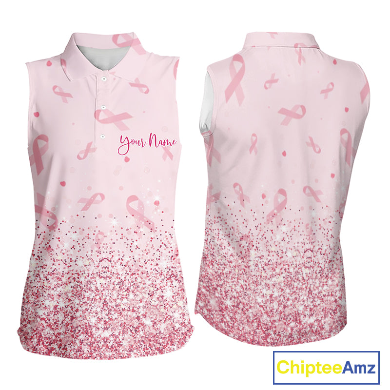 Pink glitter ribbons pattern Sleeveless polo shirt Custom Breast Cancer Awareness ladies golf outfit NQS10514