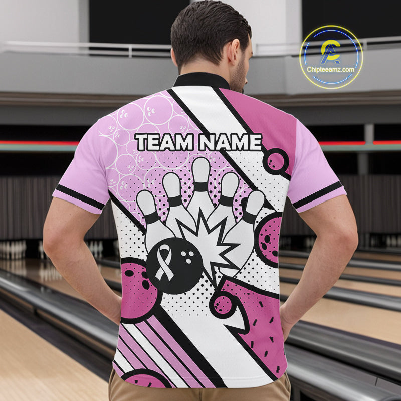 Personalized Pink Ribbons Camo Bowling Shirts For Men, Custom breast cancer bowling Team shirts NQS10533