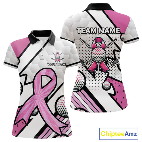 Personalized Pink Ribbons Camo Golf Polo Shirts for Women, Custom breast cancer Golf Team shirts NQS10534