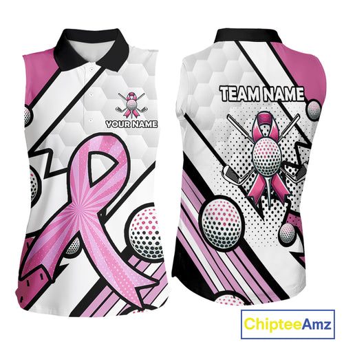 Personalized Pink Ribbons Camo Sleeveless polo Shirt for Women, Custom breast cancer Golf Team shirts NQS10534
