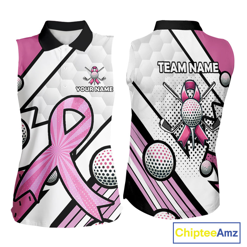 Personalized Pink Ribbons Camo Sleeveless polo Shirt for Women, Custom breast cancer Golf Team shirts NQS10534