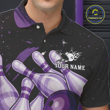 Load image into Gallery viewer, Custom Black And Purple Galaxy Bowling Team Polo, 1/4 Zip Shirt For Men, Personalized Bowling Jerseys NQS10544