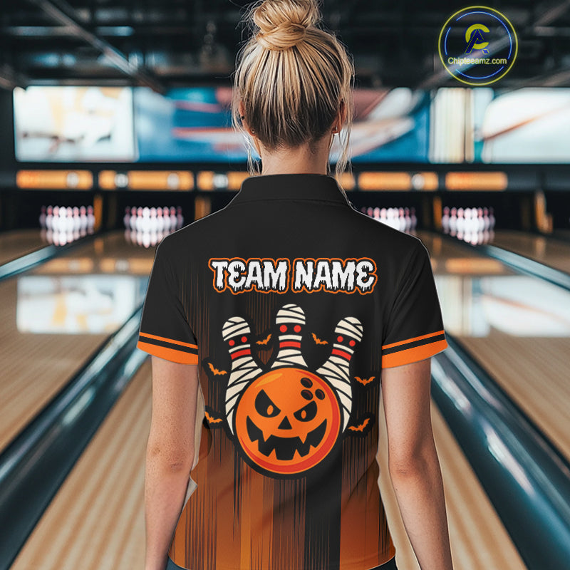Custom Orange and Black Funny Pumpkin Ball pins Women Bowling Team Shirts, Halloween Bowling Outfit NQS10564