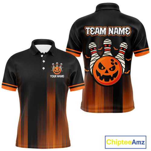 Custom Orange and Black Funny Pumpkin Ball pins Mens Bowling Team Shirts, Halloween Bowling Outfit NQS10564