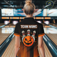 Load image into Gallery viewer, Custom Orange and Black Funny Pumpkin Ball pins Women Bowling Team Shirts, Halloween Bowling Outfit NQS10564