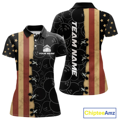 Vintage American Flag Black Bowling Camo Retro Bowling shirts for Women Custom Team bowling jersey NQS10584