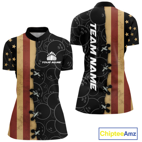 Vintage American Flag Black Bowling Camo Retro Bowling shirts for Women Custom Team bowling jersey NQS10584