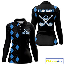 Load image into Gallery viewer, Black and Blue argyle polo shirts personalized long sleeve womens golf shirts, team golf outfit NQS11403