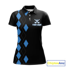 Load image into Gallery viewer, Black and Blue argyle polo shirts personalized long sleeve womens golf shirts, team golf outfit NQS11403