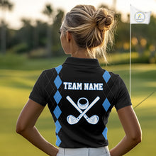 Load image into Gallery viewer, Black and Blue argyle polo shirts personalized long sleeve womens golf shirts, team golf outfit NQS11403