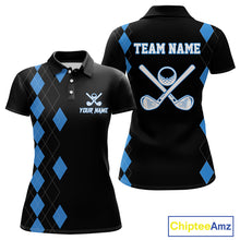 Load image into Gallery viewer, Black and Blue argyle polo shirts personalized long sleeve womens golf shirts, team golf outfit NQS11403