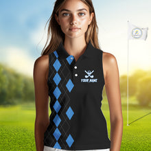 Load image into Gallery viewer, Black and Blue argyle polo shirts personalized ladies sleeveless golf tops, team golf outfit NQS11403