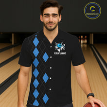 Load image into Gallery viewer, Black and Blue argyle Hawaiian bowling shirts custom team bowling jerseys button up bowling shirts NQS11404