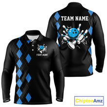Load image into Gallery viewer, Black and Blue argyle bowling polo shirts, 1/4 zip shirt for men Custom team bowling jerseys men NQS11404