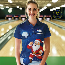 Load image into Gallery viewer, Custom Blue Funny Christmas Santa Bowling Polo, 1/4 Zip Shirt For Women, Bowling Team League Jersey NQS10827