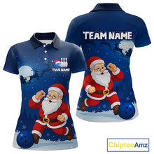 Load image into Gallery viewer, Custom Blue Funny Christmas Santa Bowling Polo, 1/4 Zip Shirt For Women, Bowling Team League Jersey NQS10827