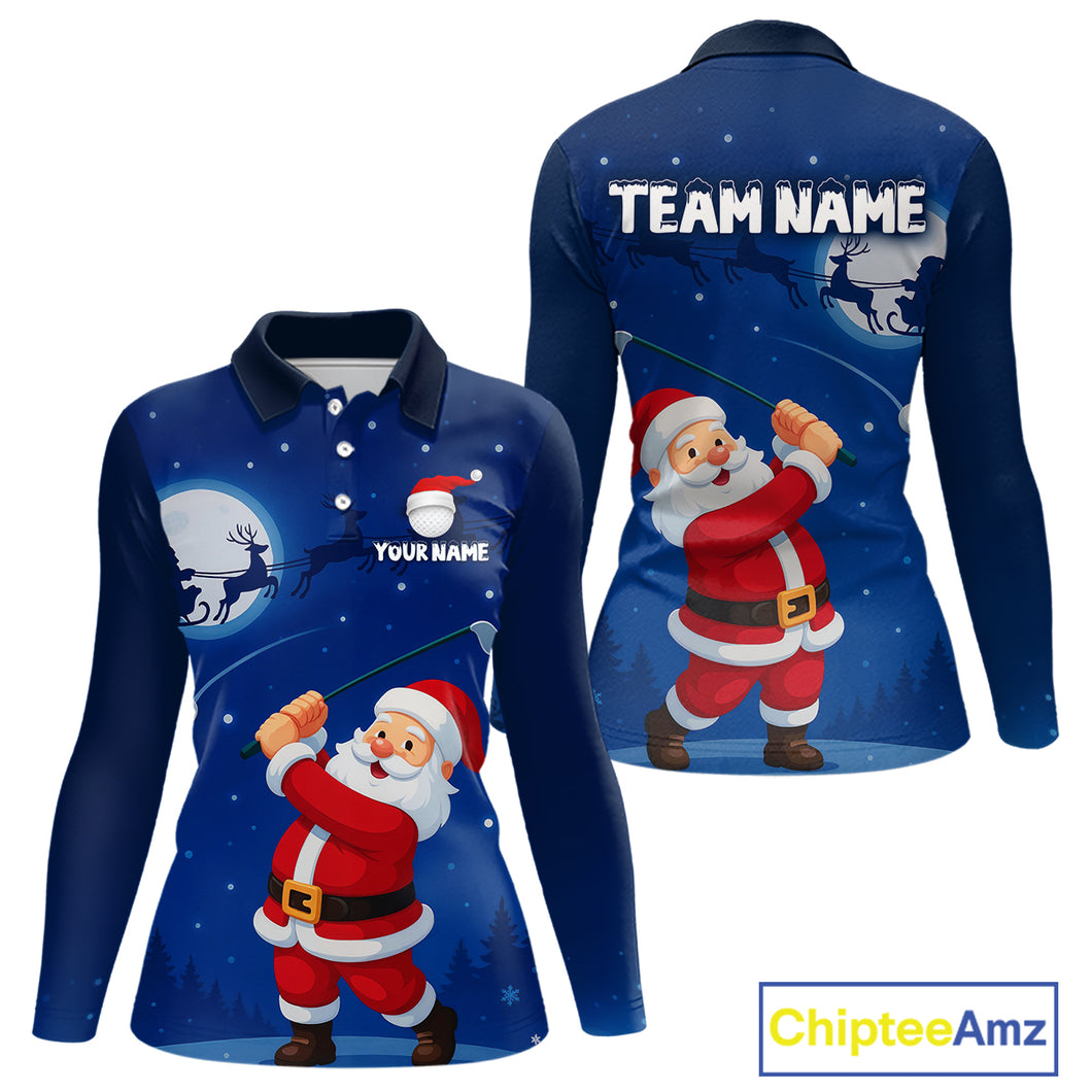 Funny Santa Christmas Golf polo shirts for Women Custom Blue team golf jerseys, Christmas golf gifts NQS10828