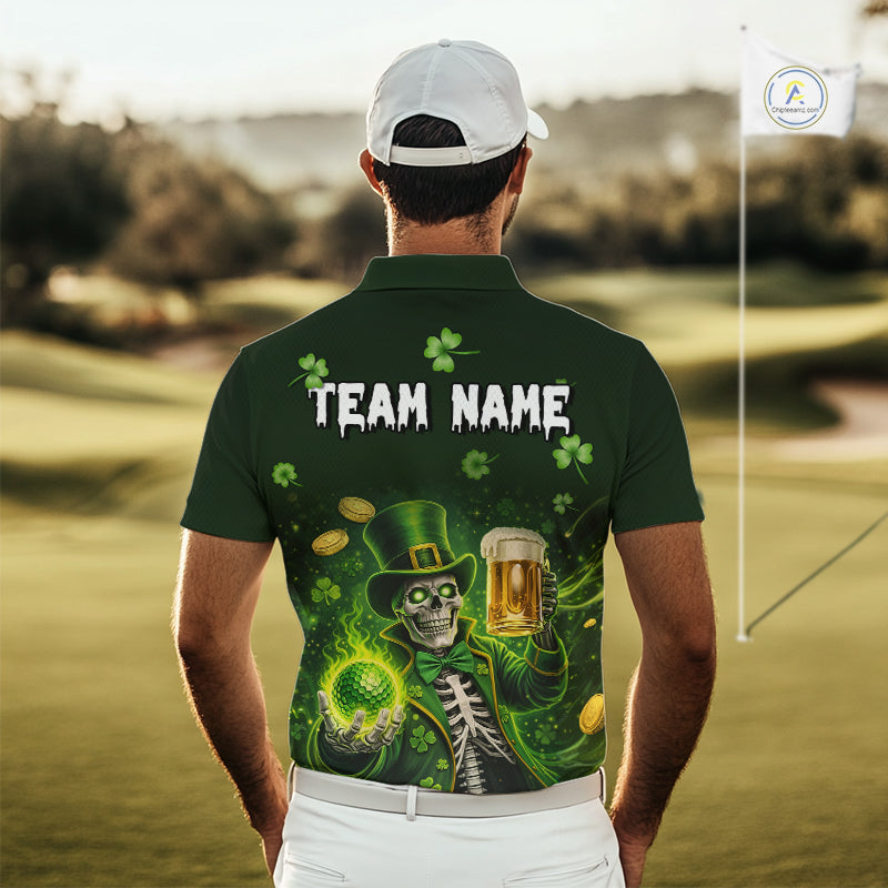Funny Skull drink beer St Patrick's day Green shamrock Mens Golf Polo Shirts Custom mens golf apparel NQS11411