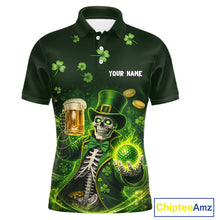 Load image into Gallery viewer, Funny Skull drink beer St Patrick's Day Green shamrock Custom matching men and womens golf shirts NQS11411