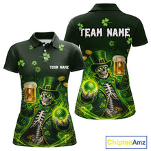 Load image into Gallery viewer, Funny Skull drink beer St Patrick's Day Green shamrock Custom matching men and womens golf shirts NQS11411