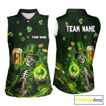 Load image into Gallery viewer, Funny Skull drink beer St Patrick's Day Green shamrock Custom ladies sleeveless golf tops NQS11411