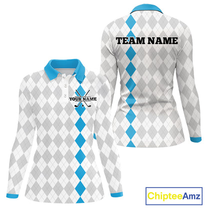 Custom Blue and White argyle pattern Golf Polo Shirts For Women, personalized team ladies golf outfit NQS11210