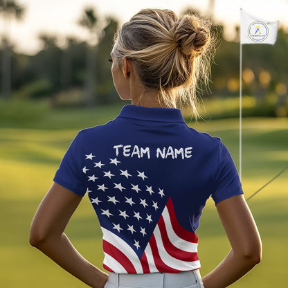 Red, White and Blue American Flag Skull Golf polo shirts for Women custom patriotic ladies golf top NQS10851