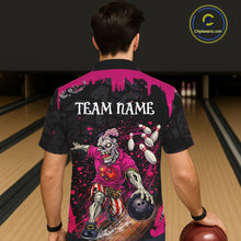 Load image into Gallery viewer, Black and Pink Funny zombie Bowling Hawaiian Shirt Custom Button up Bowling team league jerseys NQS11442