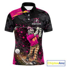 Load image into Gallery viewer, Black and Pink Funny zombie Golf Polo shirts for Men Custom team golf shirts, funny golf polos NQS11443