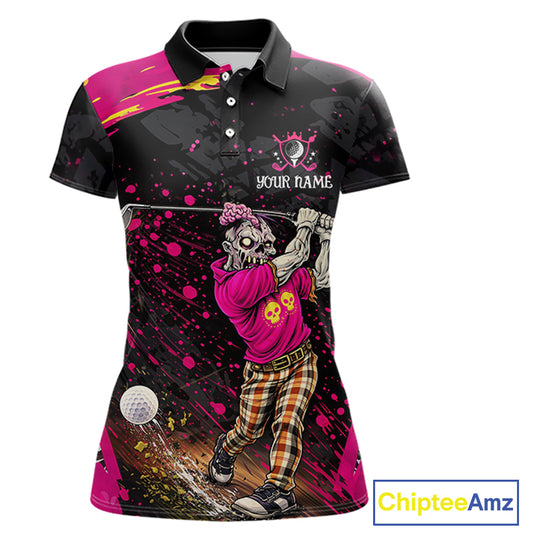 Black and Pink Funny zombie Golf Polo shirts for Women Custom funny women's golf team shirts NQS11443