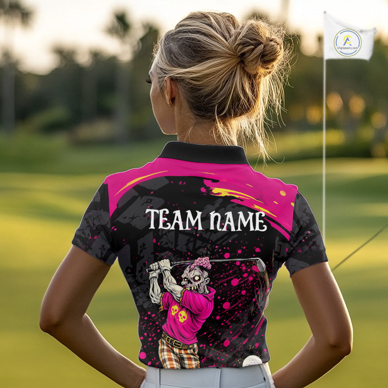 Black and Pink Funny zombie Golf Polo shirts for Women Custom funny women's golf team shirts NQS11443
