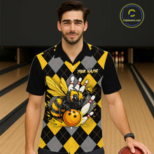 Load image into Gallery viewer, Black and Yellow argyle pattern Honey Bee Bowling Hawaiian shirts Custom Team bowling jerseys NQS11250