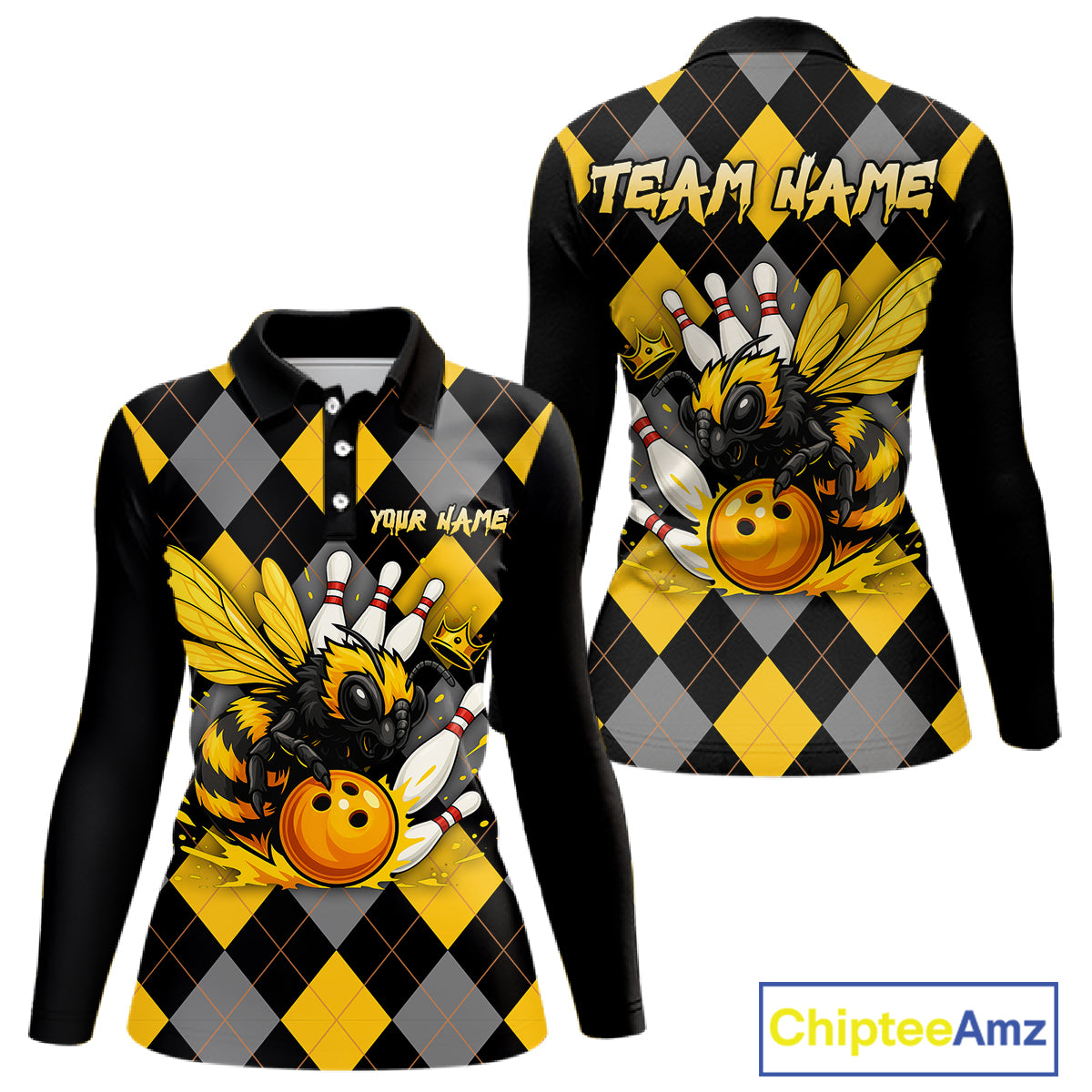Black and Yellow argyle pattern Honey Bee Bowling shirts for Women Custom Team bowling jerseys NQS11250