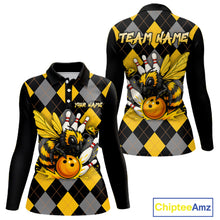 Load image into Gallery viewer, Black and Yellow argyle pattern Honey Bee Bowling shirts for Women Custom Team bowling jerseys NQS11250